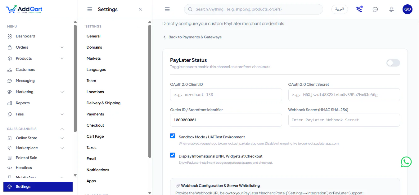 AddQart PayLater Configuration Panel — OAuth 2.0 Credentials, Webhook Secret & Live API Test
