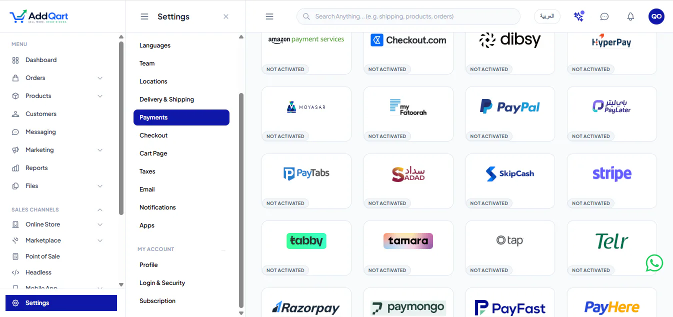 AddQart Merchant Dashboard — Settings → Payments Gateway Overview